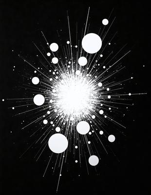 The primary subject of the image is a bright, white light source, which appears to be a light bulb or a star. The light source is surrounded by a series of white circles, creating a visually striking pattern. The setting is a black background, which contrasts with the white light source and circles, emphasizing their brightness. The visual style of the image is a combination of digital art and illustration, with the white light source and circles being digitally created and the overall composition being illustrated. The colors and mood of the